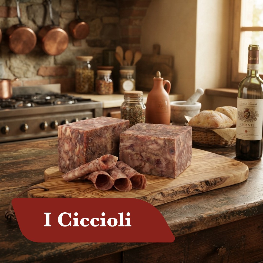 Ciccioli di maiale pressati a panetto e affettati su tagliere di legno in cucina rustica