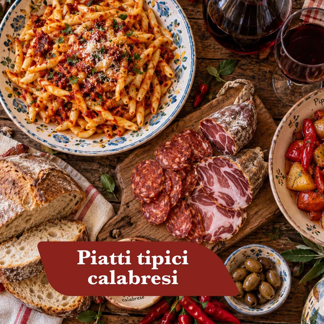 Piatti tipici calabresi: pasta con ’nduja, salumi, peperoncini e vino rosso
