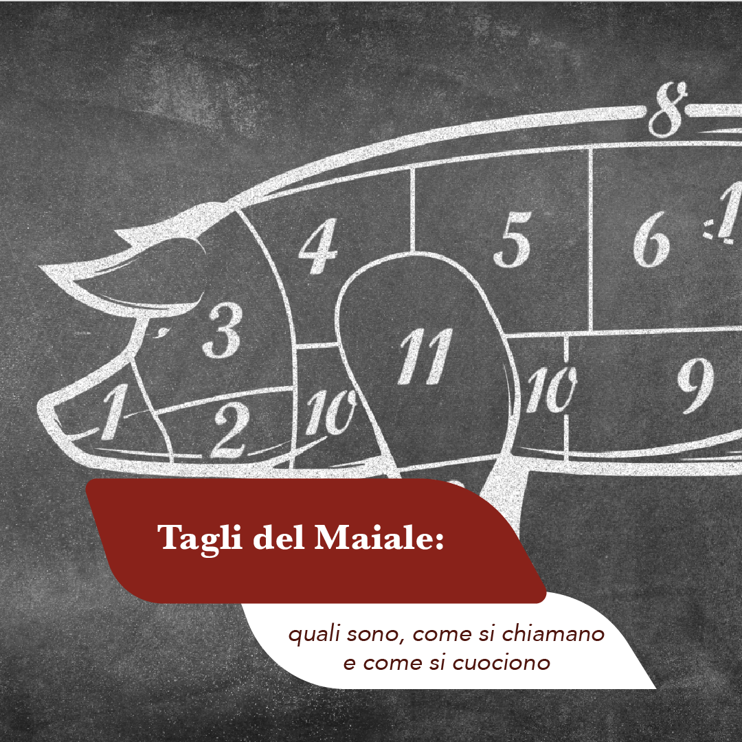 Schema dei tagli del maiale disegnato con il gesso su una lavagna, con le zone del corpo numerate