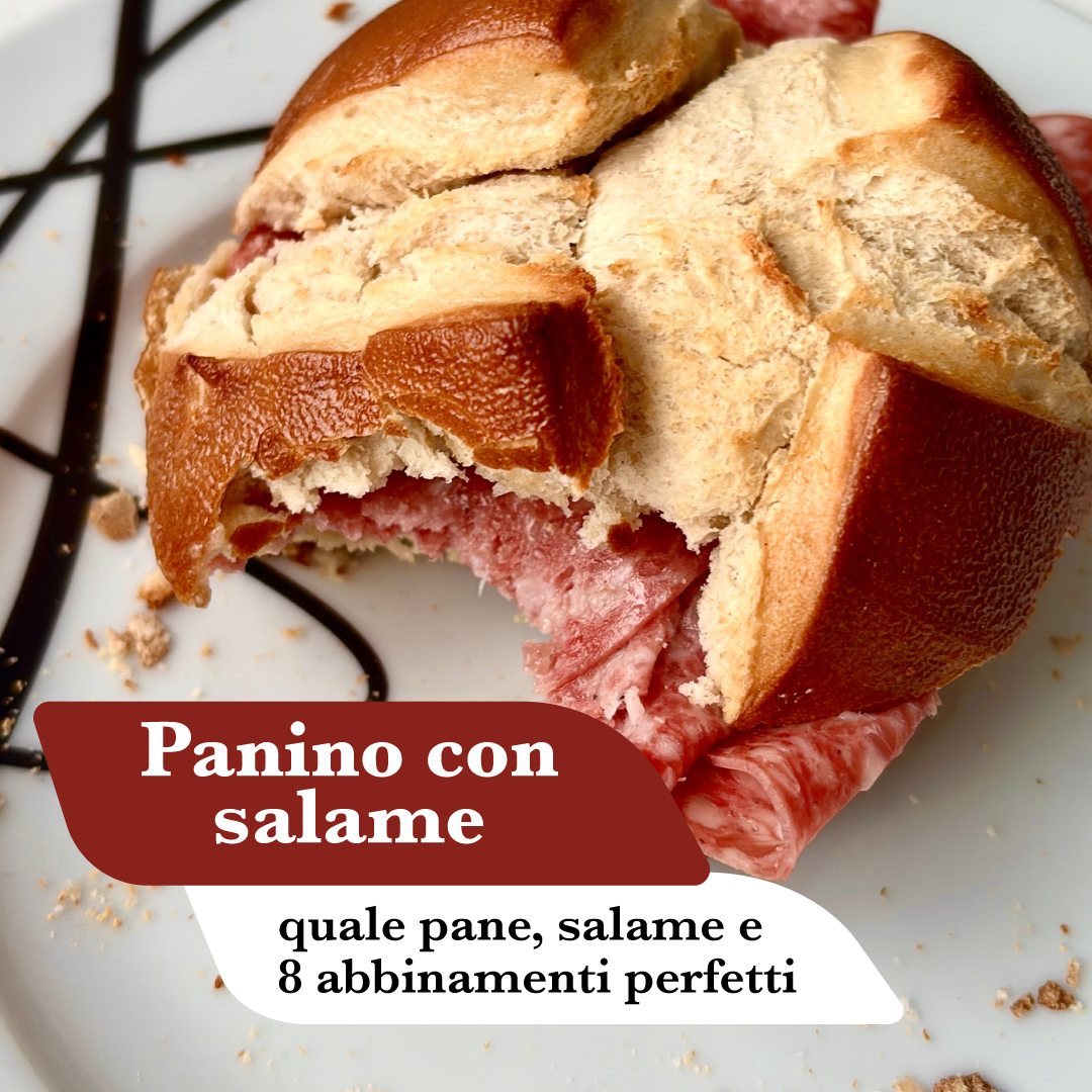 Panino con salame: rosetta croccante farcita con fette di salame, morsa a metà